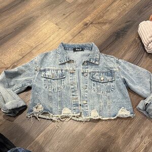 Blue B Cropped Distressed Light Wash Denim Jacket